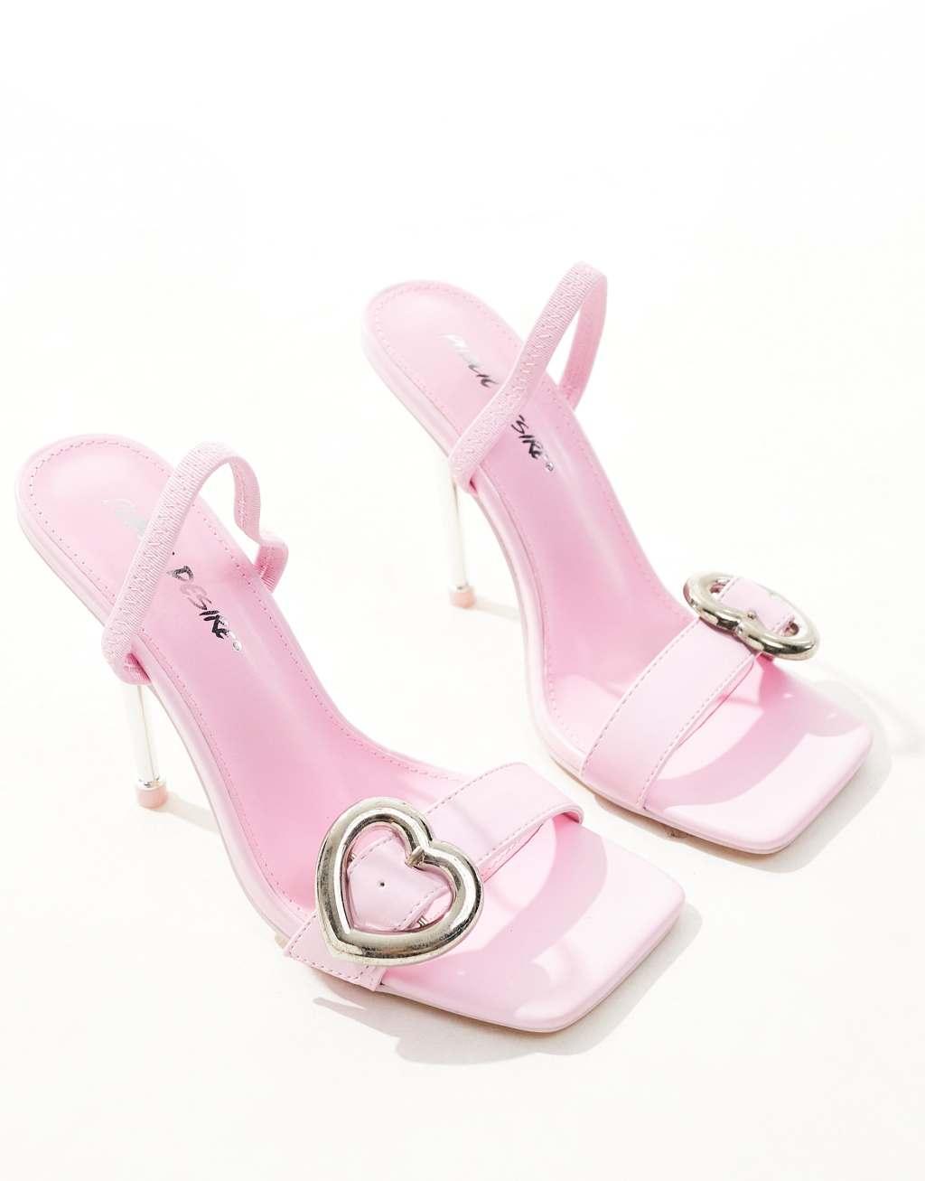 Public Desire Rosalita heart buckle sling back heeled sandals in pink Product Image