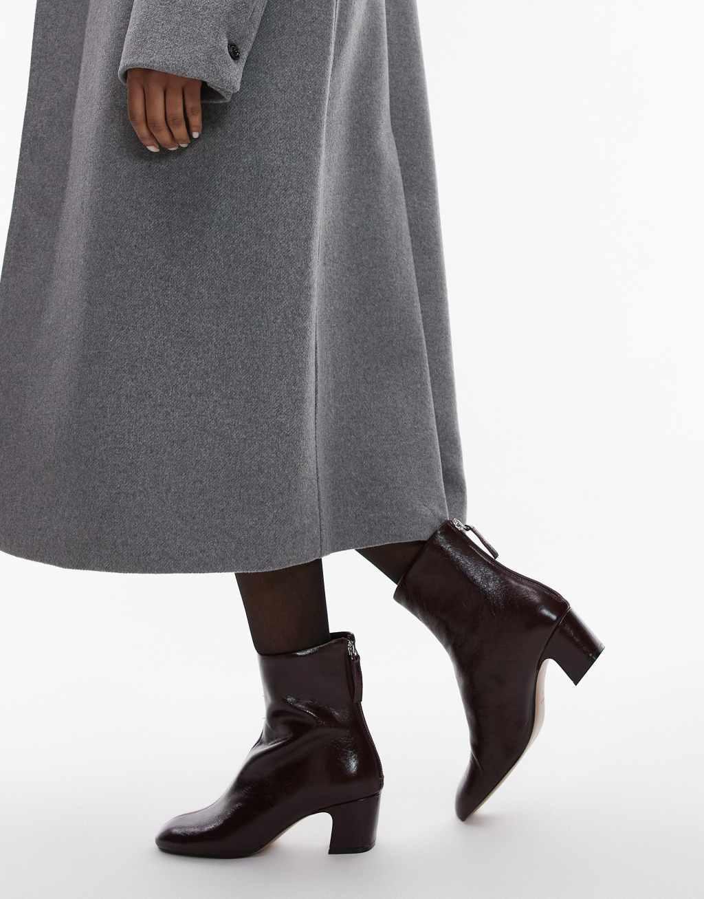 Mango leather heeled boots in burgundy Product Image