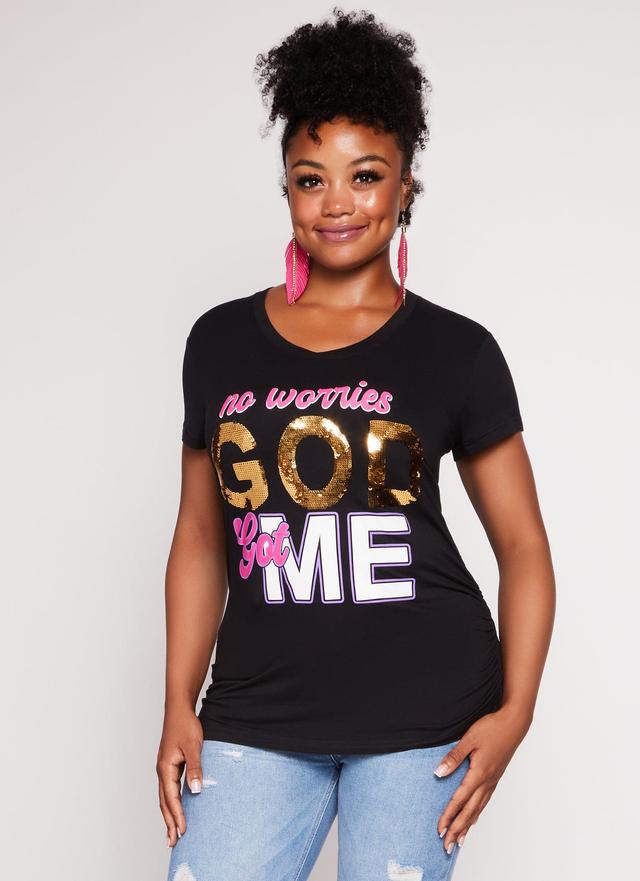 Womens Plus Size No Worries God Got Me Sequin Graphic Tee Product Image