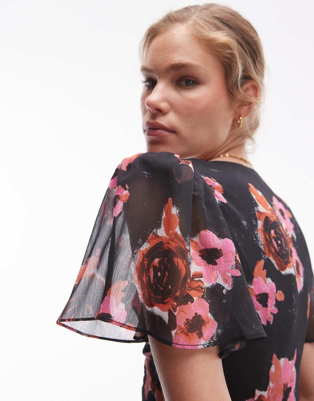 Topshop twist mini tea dress in black and pink floral Product Image