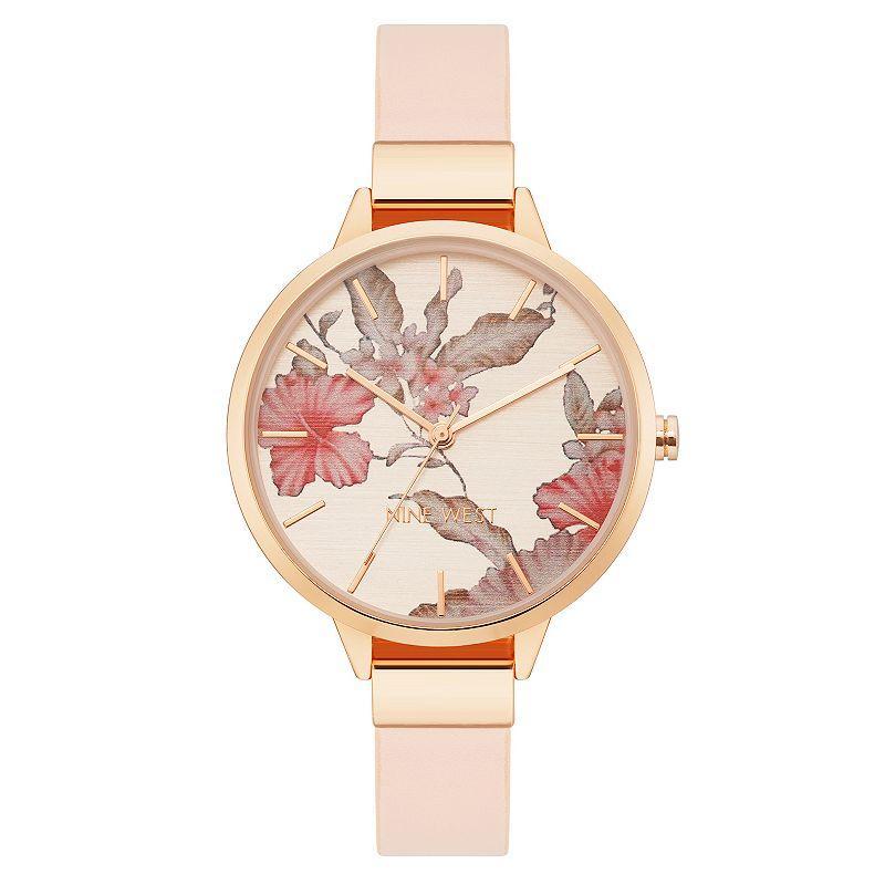 Nine West Womens Quartz Gray Faux Leather Band and Floral Pattern Watch, 38mm - Gray Product Image