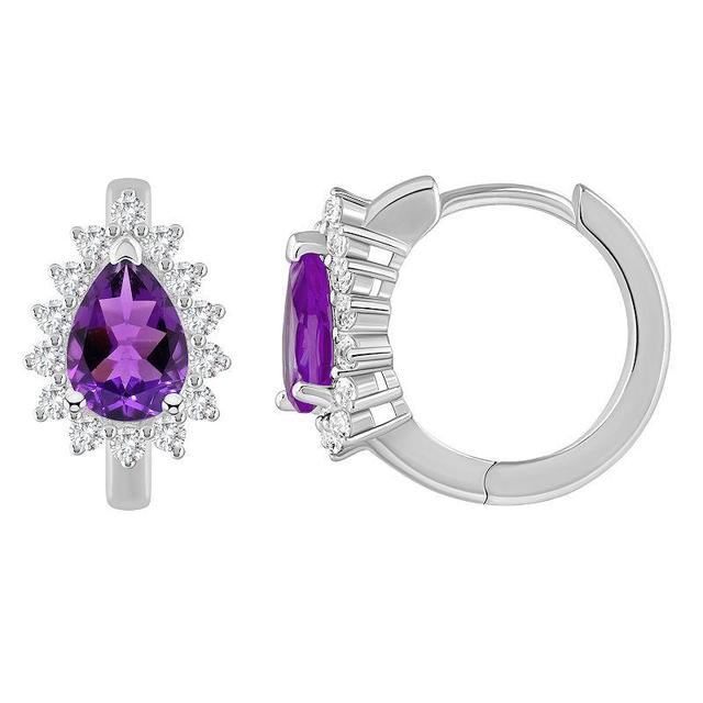 Celebration Gems Sterling Silver Pear Shape Gemstone & White Topaz Halo Huggie Hoop Earrings, Womens, Purple Product Image