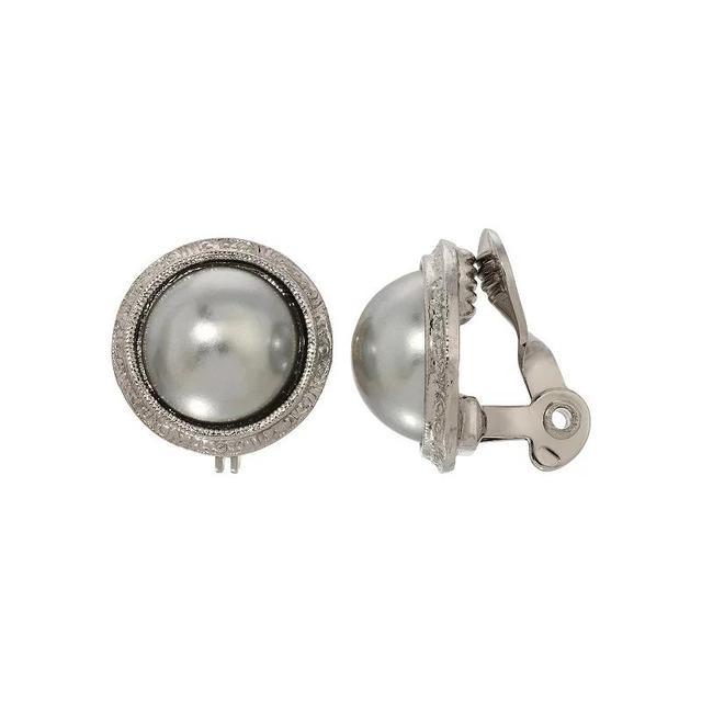 1928 Silver Tone Gray Faux Pearl Round Clip Earrings, Womens Product Image