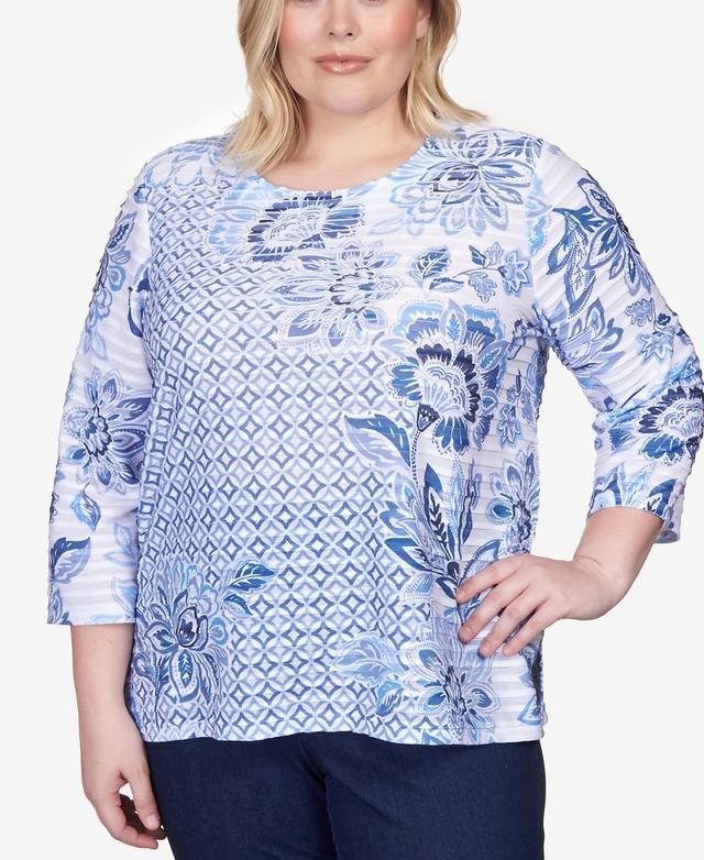 Alfred Dunner Plus Size Lavender Fields Geo Floral Printed Ruffle Top Product Image