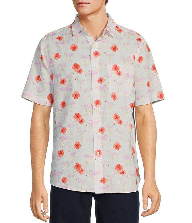 Caribbean Printed Linen White Floral Flamingo Short Sleeve Woven Shirt Product Image