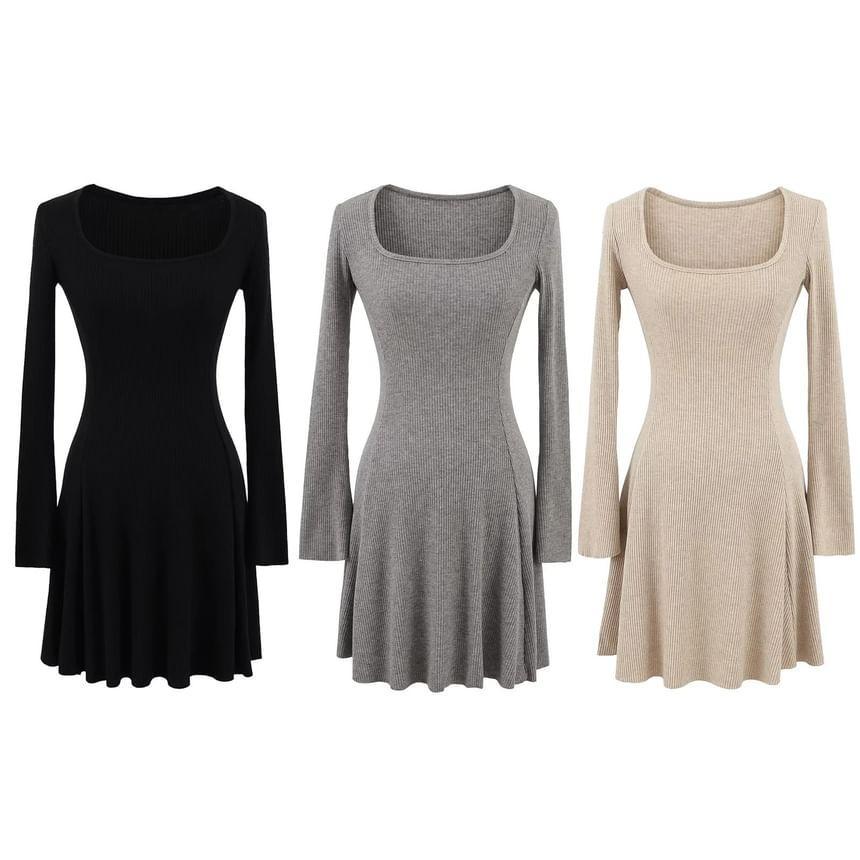 Long-Sleeve Square-Neck Plain Midi Knit Dress (Various Designs) Product Image