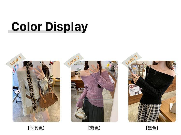 Off Shoulder Plain Cable Knit Sweater Product Image