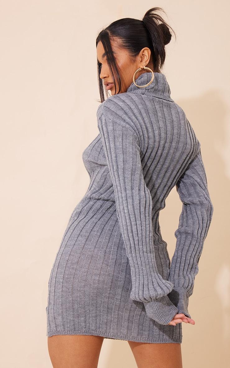 Grey Roll Neck Knit Sweater Dress Product Image