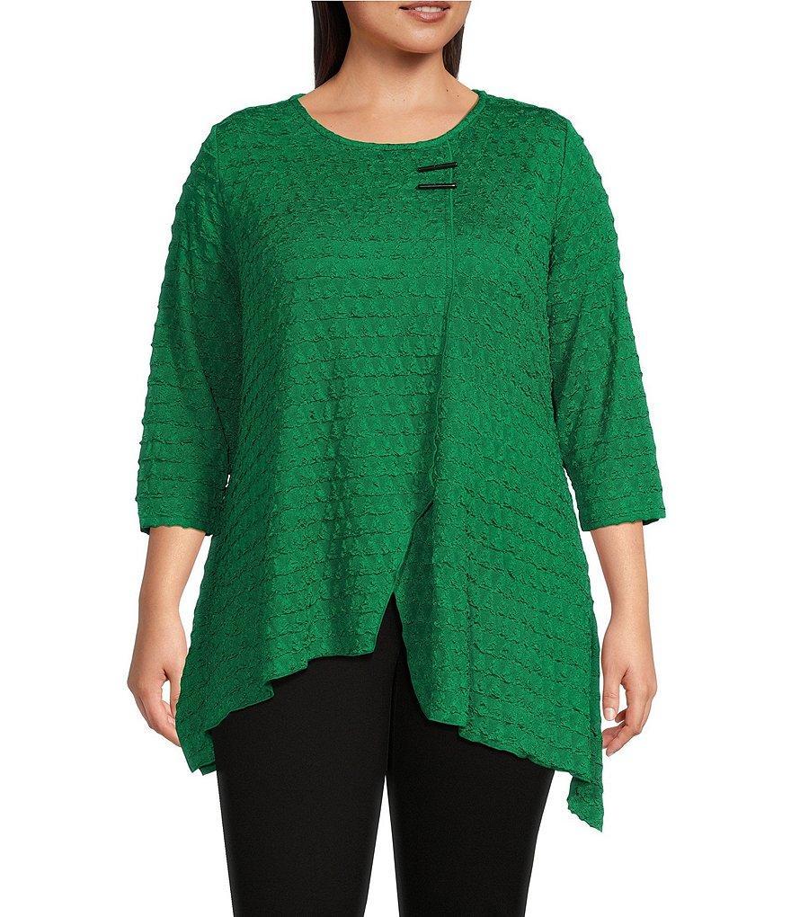 Calessa Plus Size Textured Puckered Knit Crew Neck 3/4 Sleeve Asymmetrical Tunic Product Image