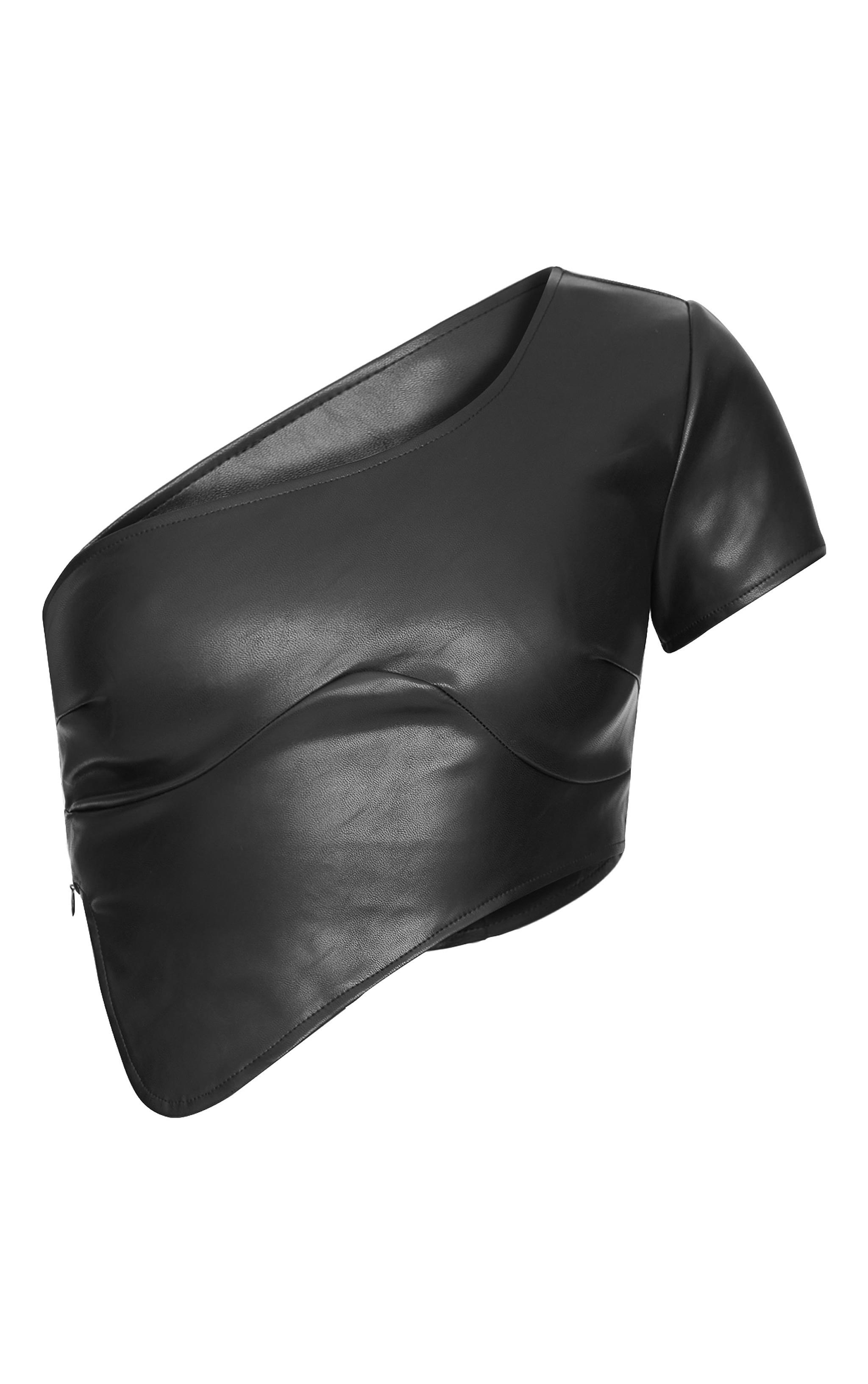 Black Faux Leather One Shoulder Asymmetric Crop Top Product Image