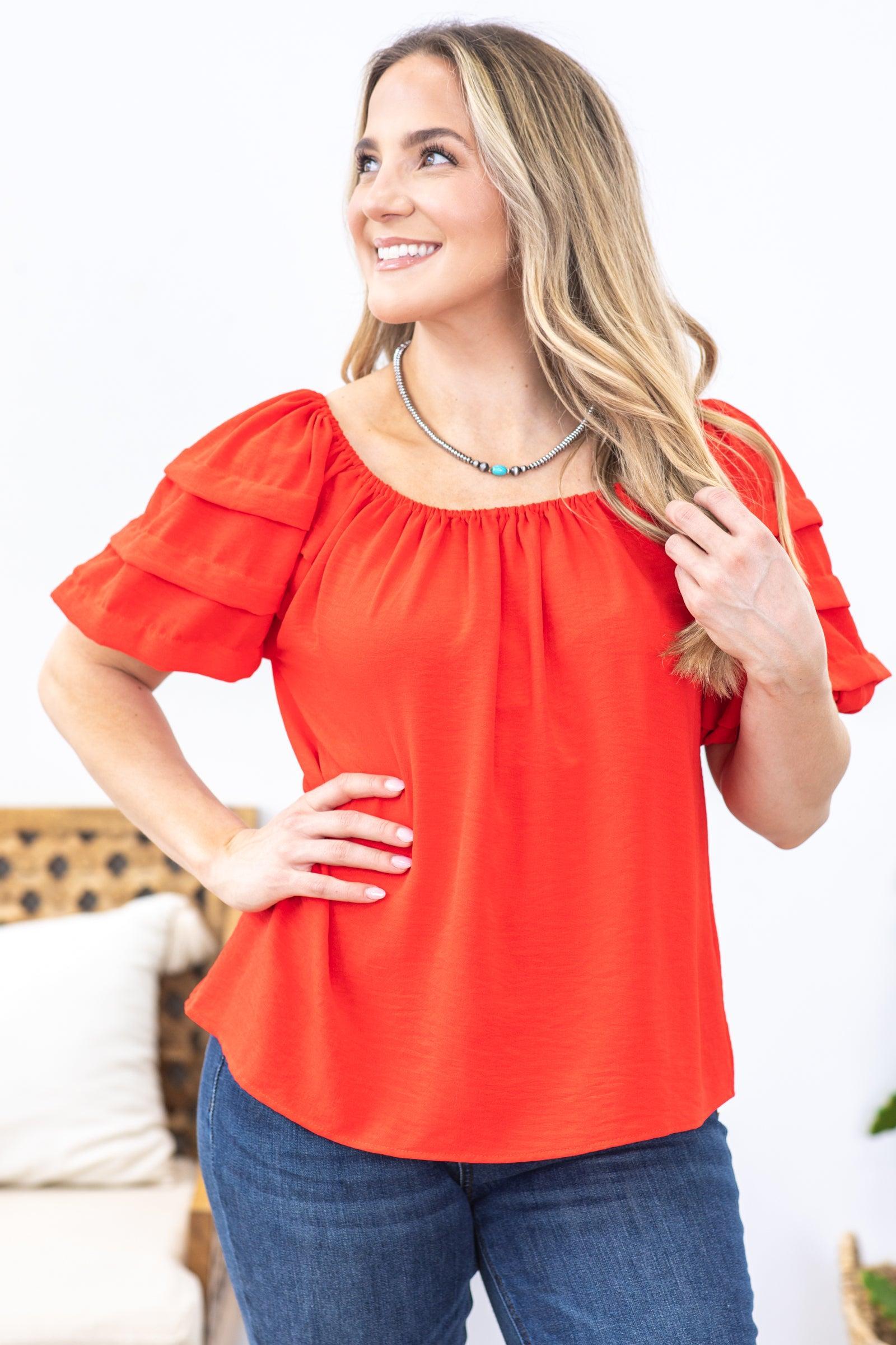 Red Tiered Puff Sleeve Woven Top Product Image