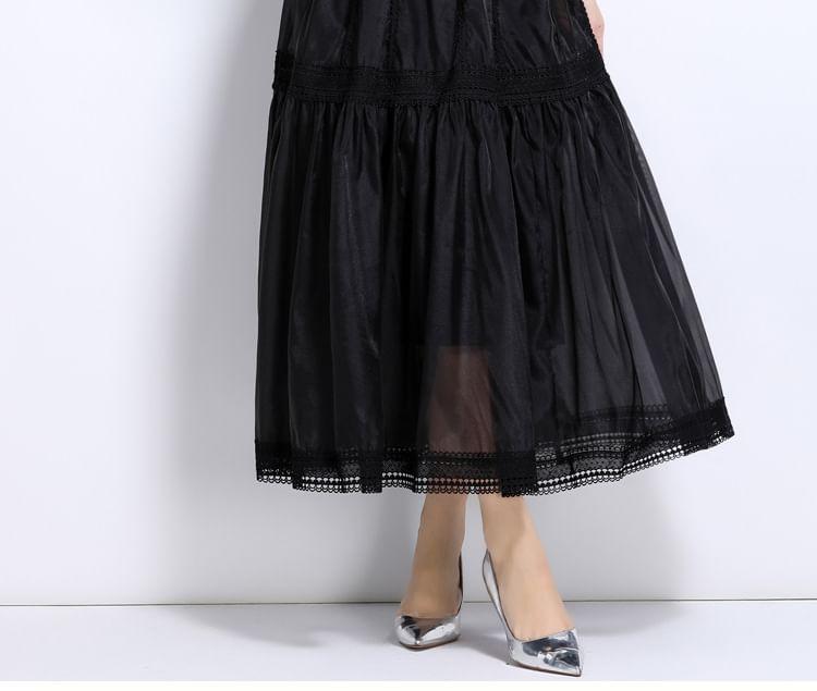 Cinched Sleeve Stand Collar Plain Panel Mesh Maxi A-Line Dress Product Image