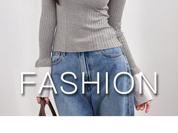 Long-Sleeve Collared Mock Two-Piece Two Tone Slim Fit Knit Top Product Image