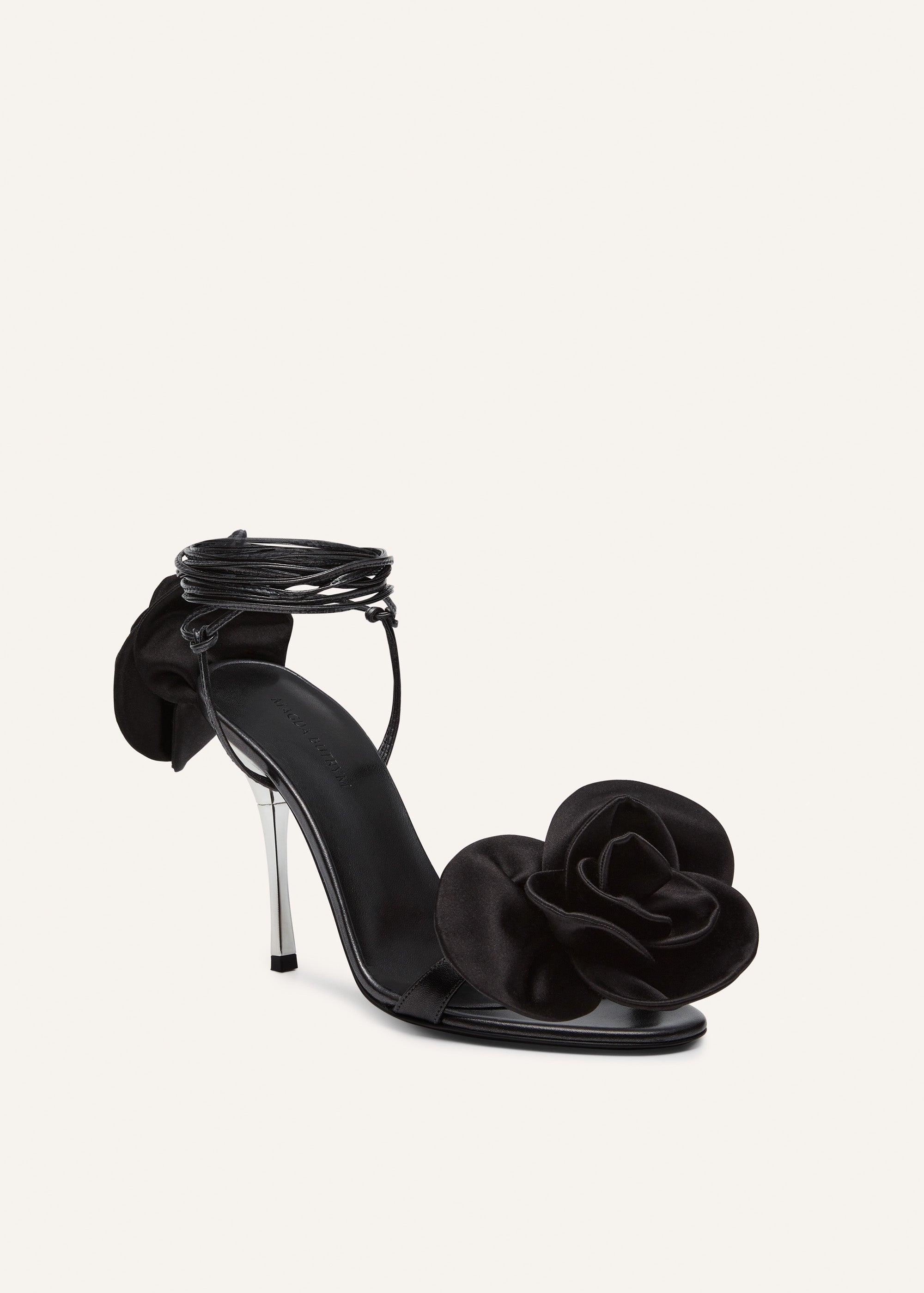 Wrap-around double-flower sandals in black leather Product Image