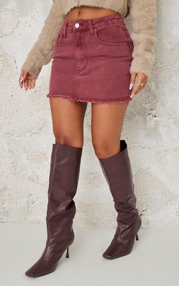 Petite Burgundy Washed Raw Hem Mini Skirt Product Image