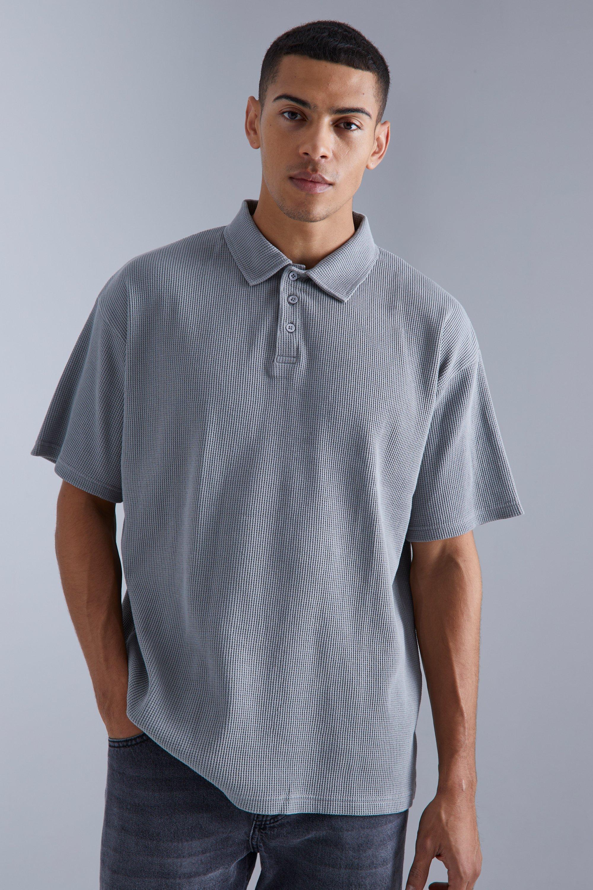 Oversized Heavyweight Waffle Polo | boohooMAN USA Product Image