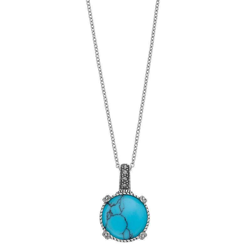 Lavish by TJM Sterling Silver Simulated Turquoise & Marcasite Circle Pendant Necklace, Womens Product Image