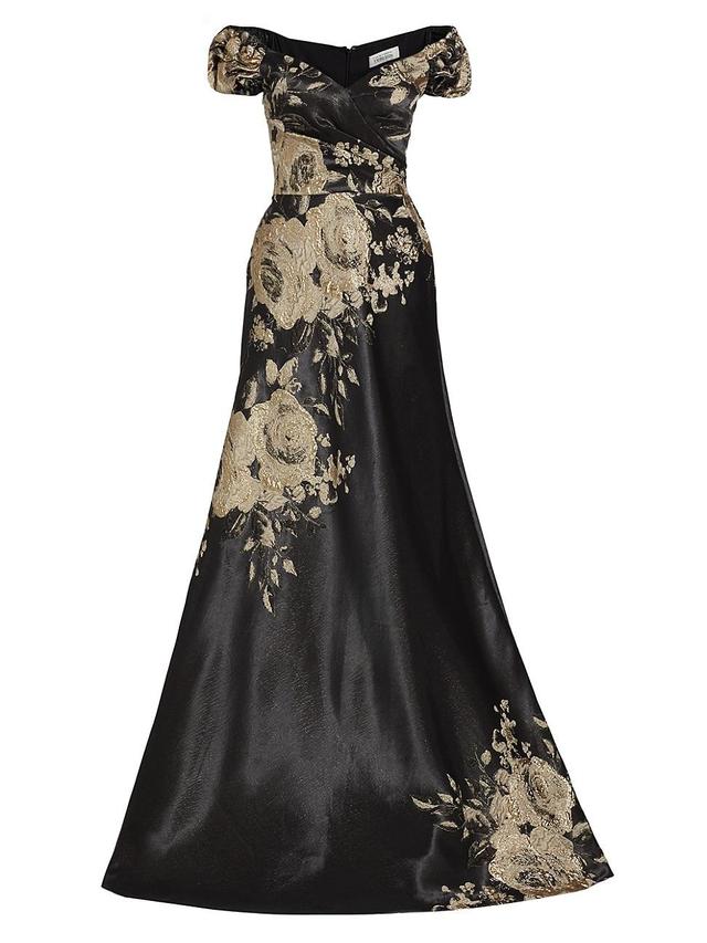 Womens Floral Metallic Jacquard Off-the-Shoulder Gown Product Image