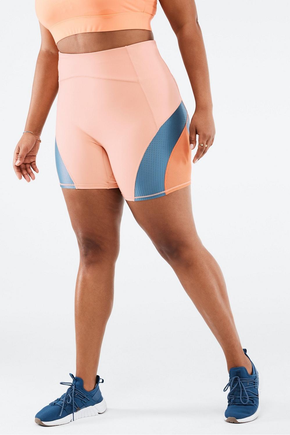 Fabletics High-Waisted Motion365 Run Short 6 Womens Birchwood/Real Teal/Orange Burst plus Size 4X Product Image