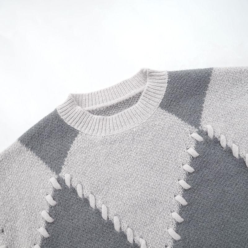 Round Neck Argyle Lace-Up Sweater Product Image