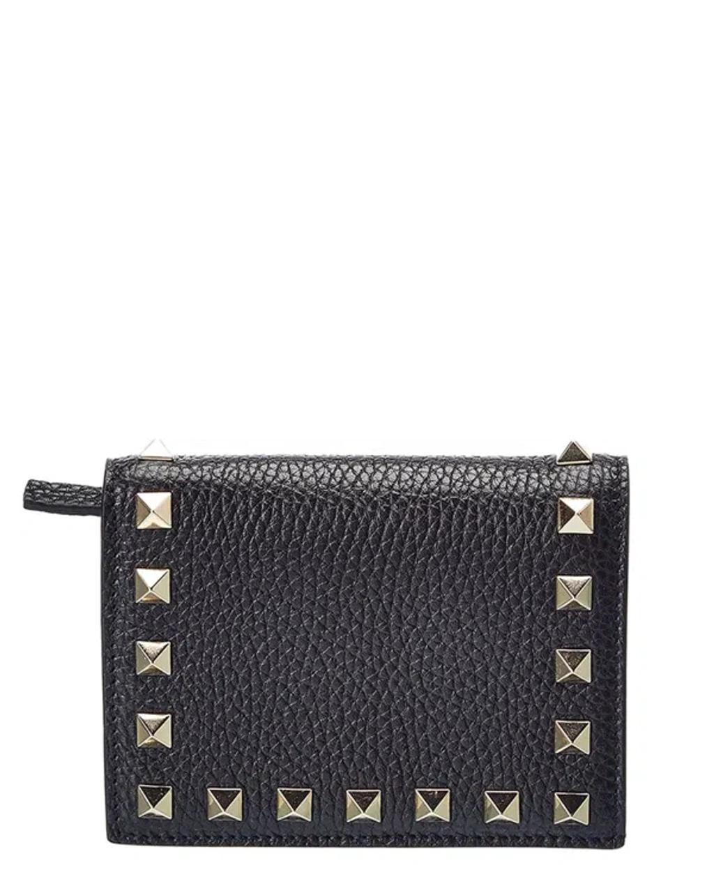 Rockstud Grainy Leather Card Holder In Black Product Image