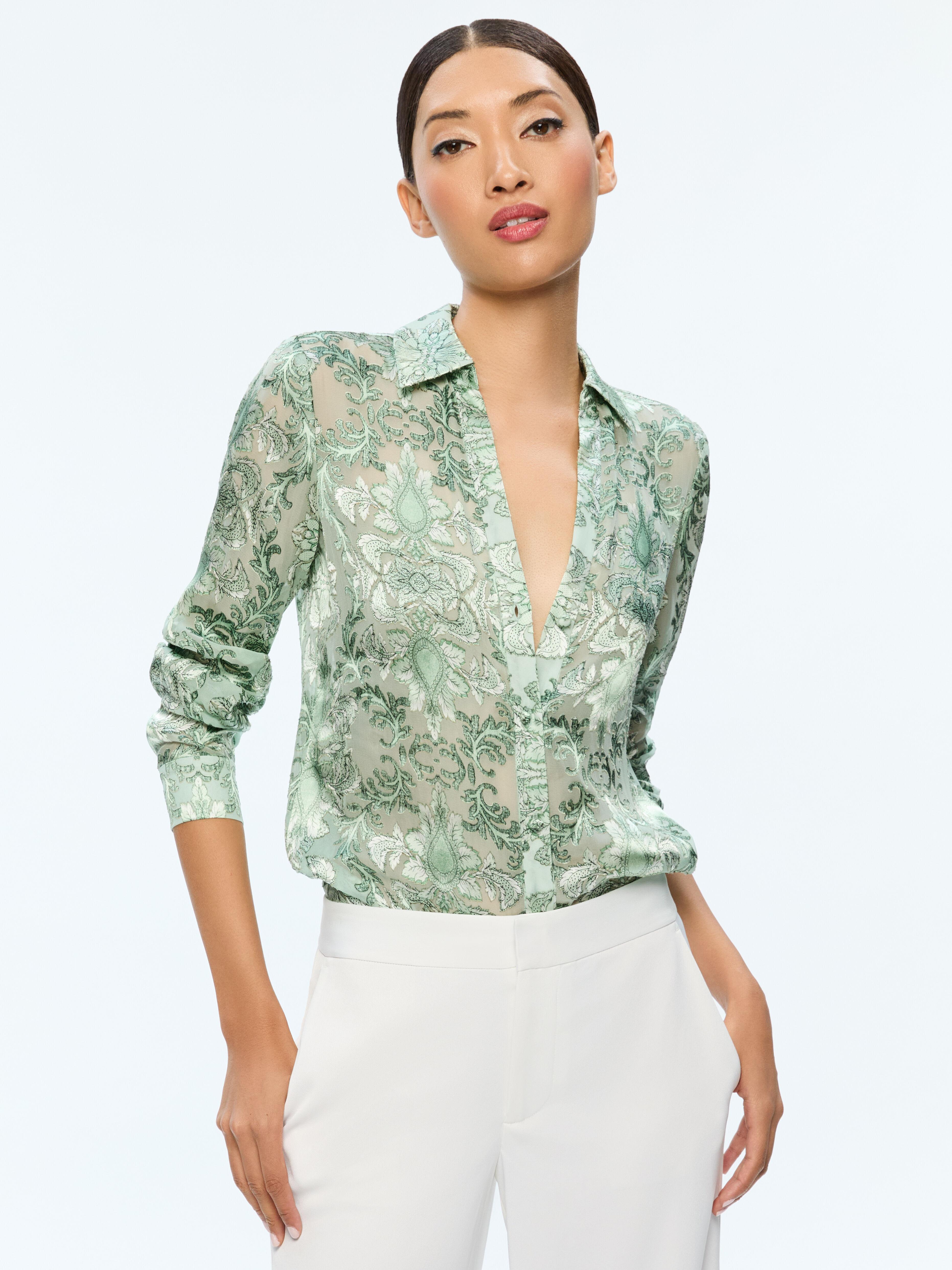 ALICE AND OLIVIA Eloise Button Down Blouse In Vanity Pistachio Product Image