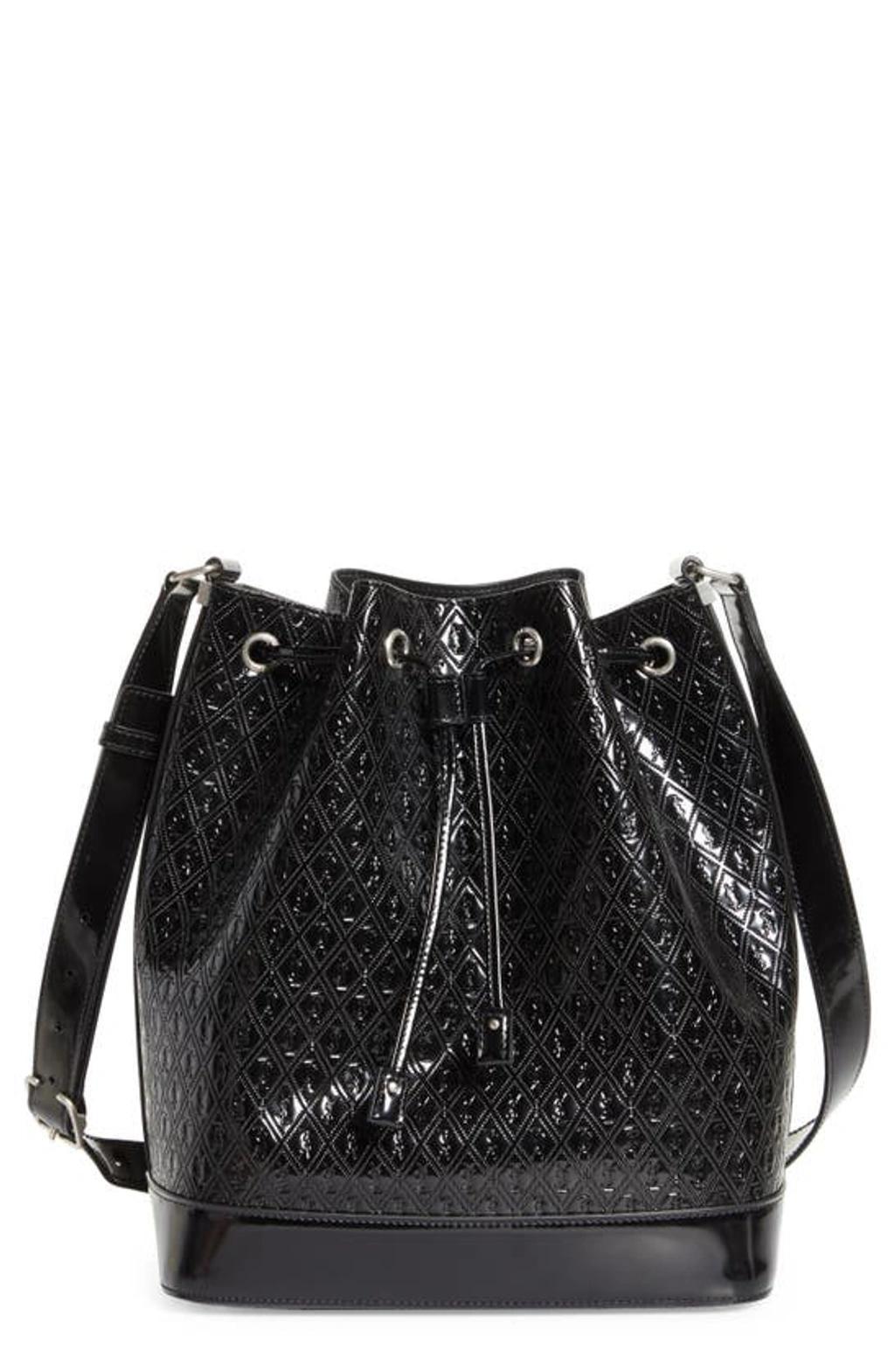 SAINT LAURENT Paris Vii Medium Croc-effect Patent-leather Bucket Bag In Black Product Image