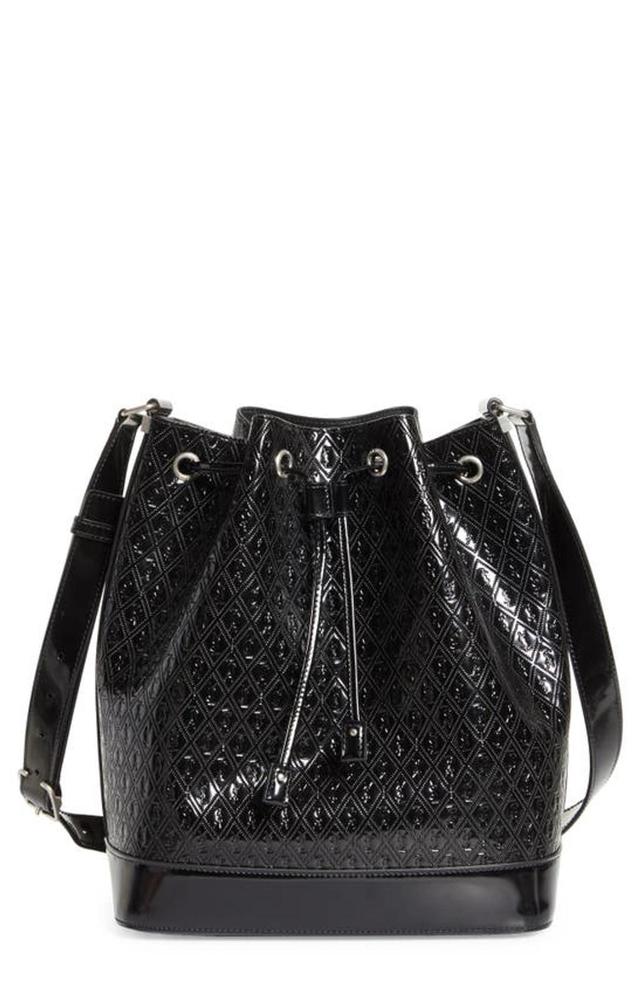 SAINT LAURENT Paris Vii Medium Croc-effect Patent-leather Bucket Bag In Black Product Image