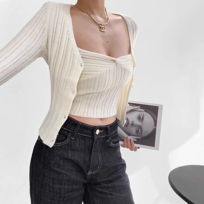 Set: Plain Cardigan + Twisted Crop Cami Top Product Image