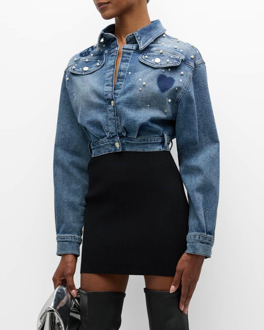 Pearl-Embellished Cropped Denim Jacket product image