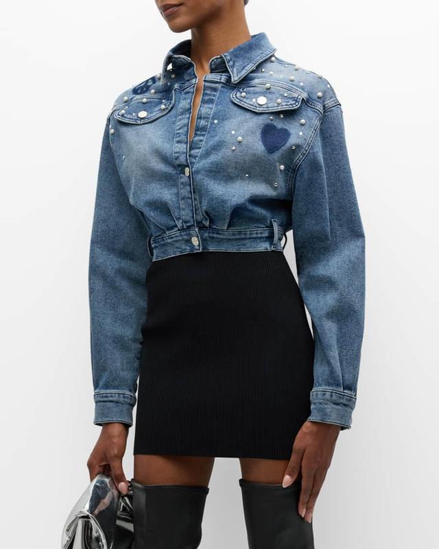 Pearl-Embellished Cropped Denim Jacket Product Image