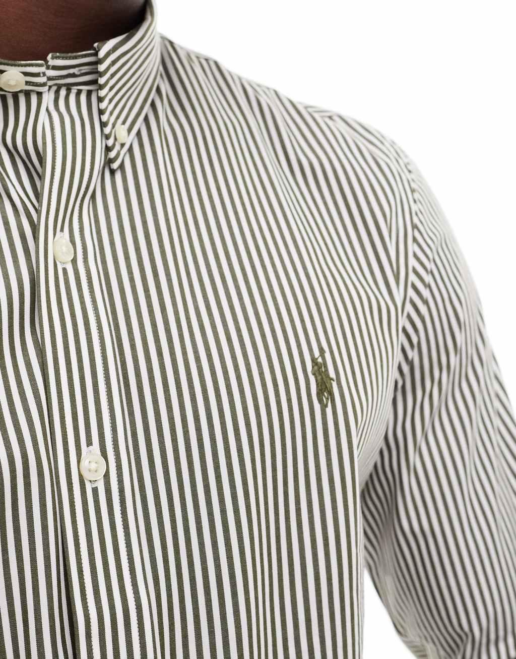 Polo Ralph Lauren icon logo slim fit stripe poplin shirt in olive green/white Product Image