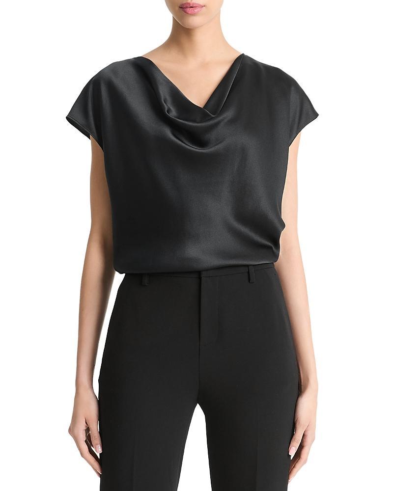 Cowl-Neck Cap-Sleeve Satin Blouse Product Image