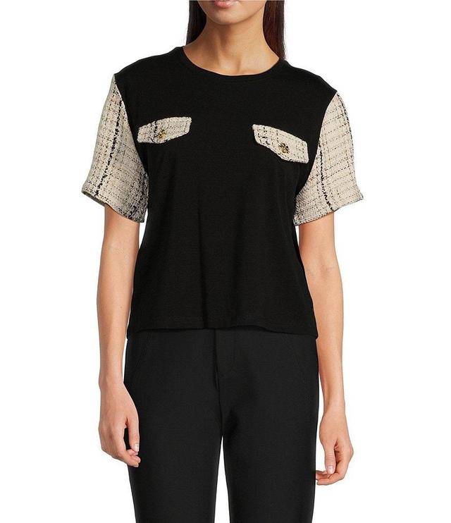 KARL LAGERFELD PARIS Knit Tweed Pocket Short Sleeve Top Product Image