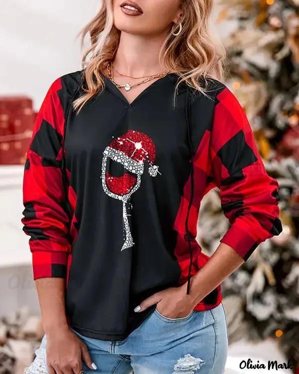 Olivia Mark – Long Sleeve Wine Glass Plaid Christmas Hoodie Product Image