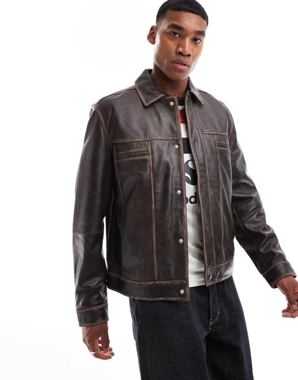 ASOS DESIGN premium real leather western jacket in brown Product Image