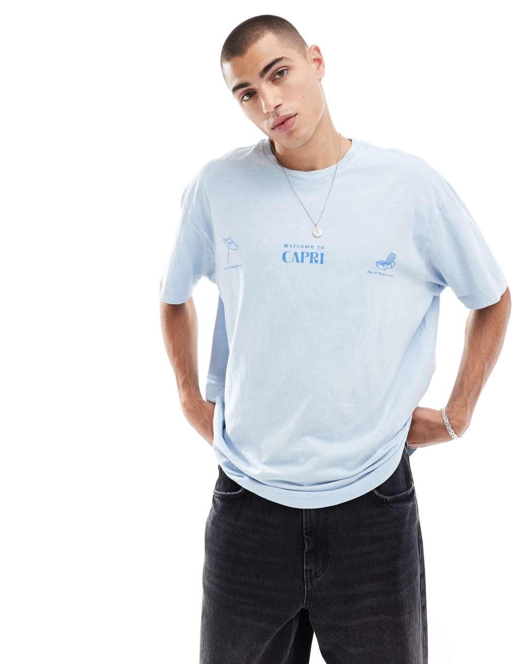 Bershka boxy fit Capri printed t-shirt in washed blue  Product Image