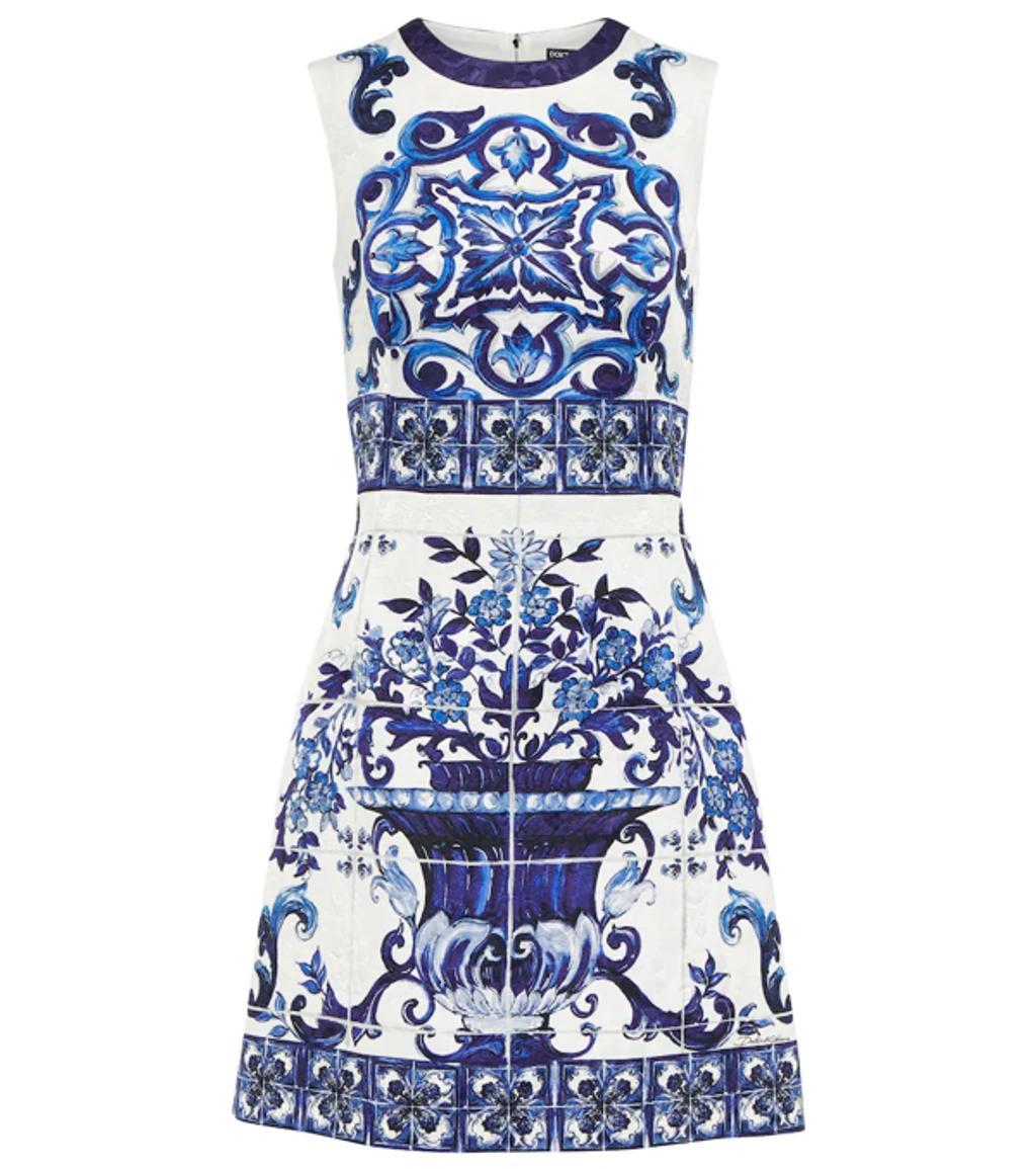 DOLCE & GABBANA Short Majolica-print Brocade Dress In Bianco Product Image