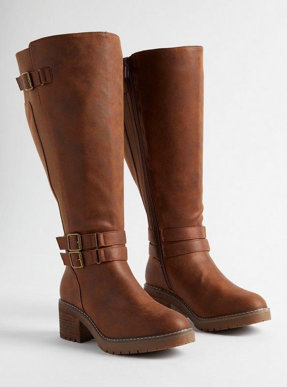 Wide Lug Stacked Heel Buckle Knee Boot (WW) product image