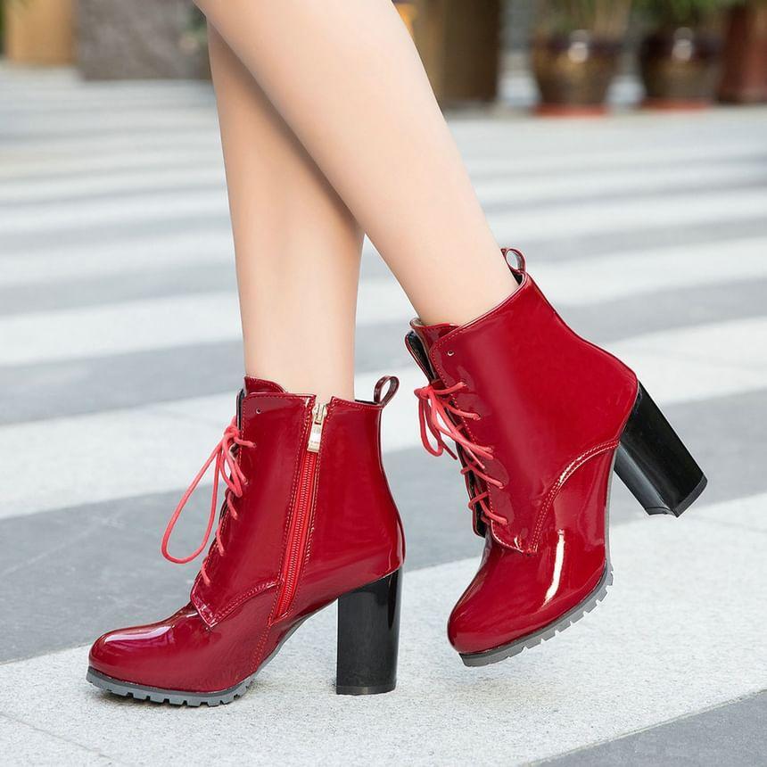 Block Heel Faux Leather Short Boots Product Image