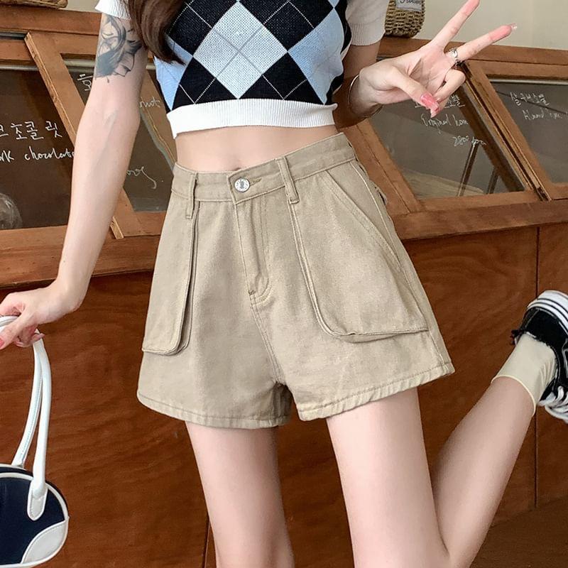 High Waist Plain Wide-Leg Mini Denim Shorts Product Image