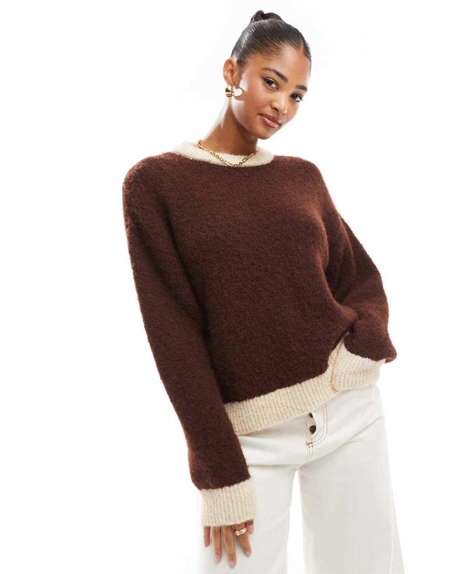 ASOS DESIGN wool blend fluffy knitted sweater in chocolate brown Product Image