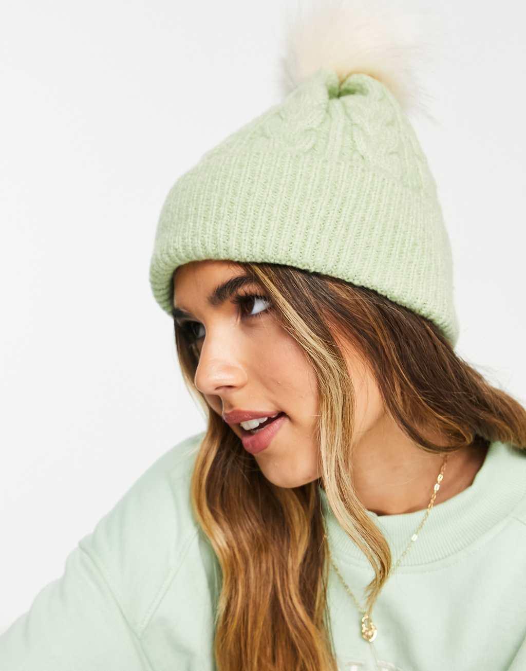 ASOS DESIGN cable knit beanie with faux fur pom in sage Product Image