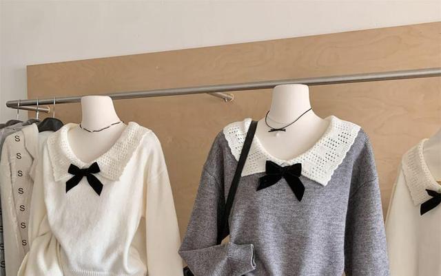 Collared Bow Neck Crop Sweater Product Image