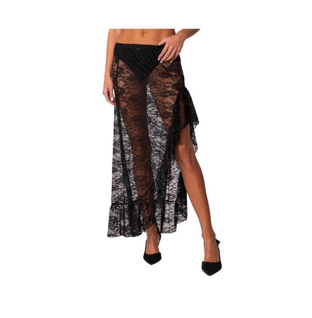 Womens Asymmetric ruffle sheer lace maxi skirt Product Image