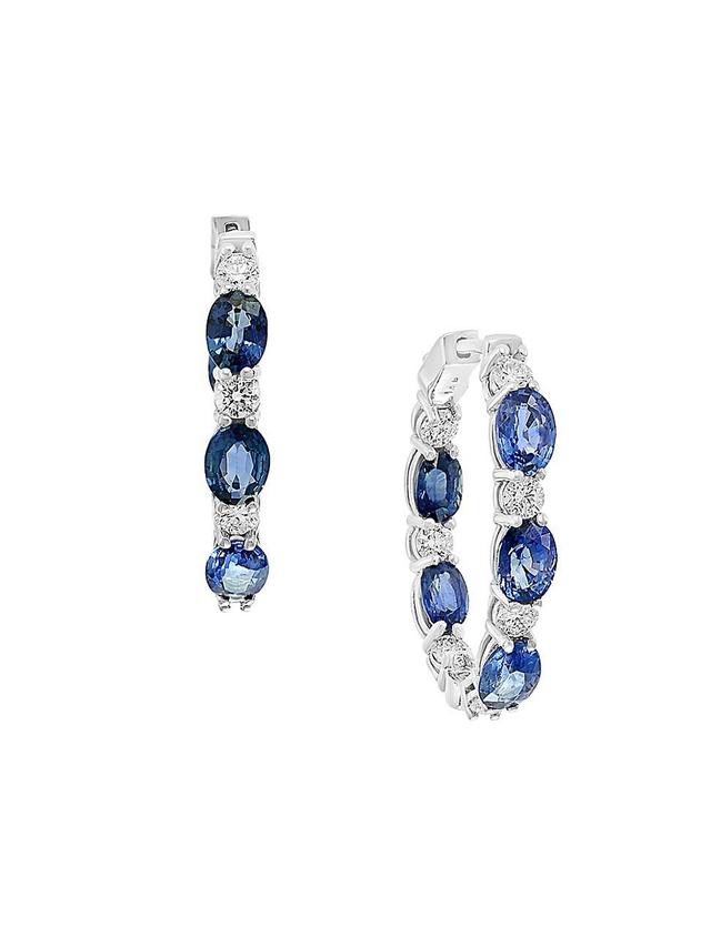 Womens 14K White Gold, Sapphire & 1.94 TCW Diamond Hoop Earrings Product Image