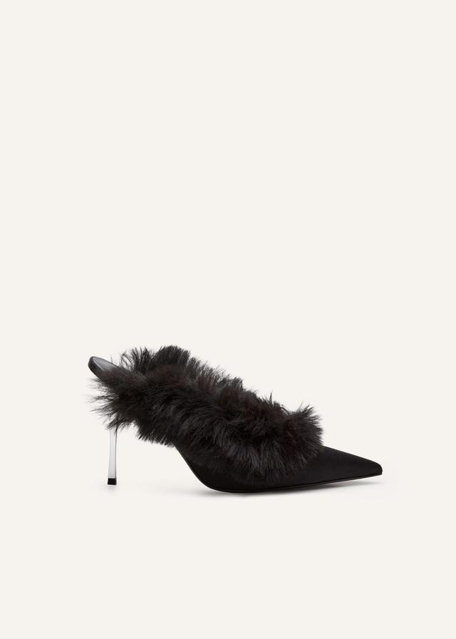 Pointed-toe faux-fur mules in black satin Product Image