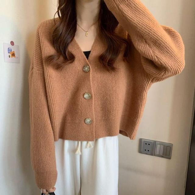 V-Neck Plain Ribbed Cardigan Product Image