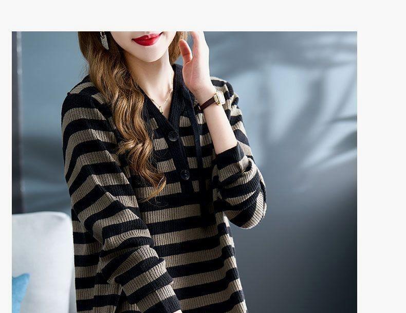 Striped Drawstring Ribbed Knit Hoodie Dress Product Image