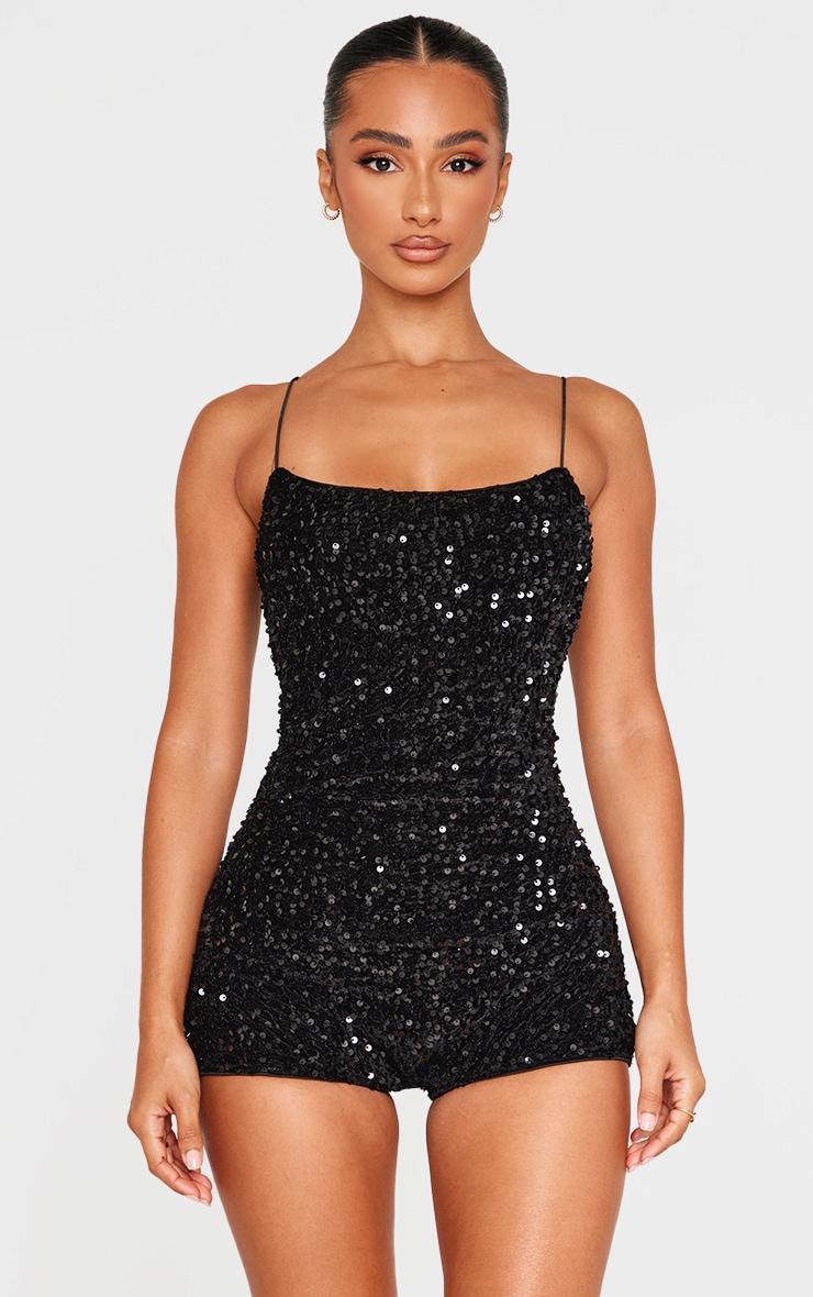 Petite Black Textured Sequin Romper Product Image